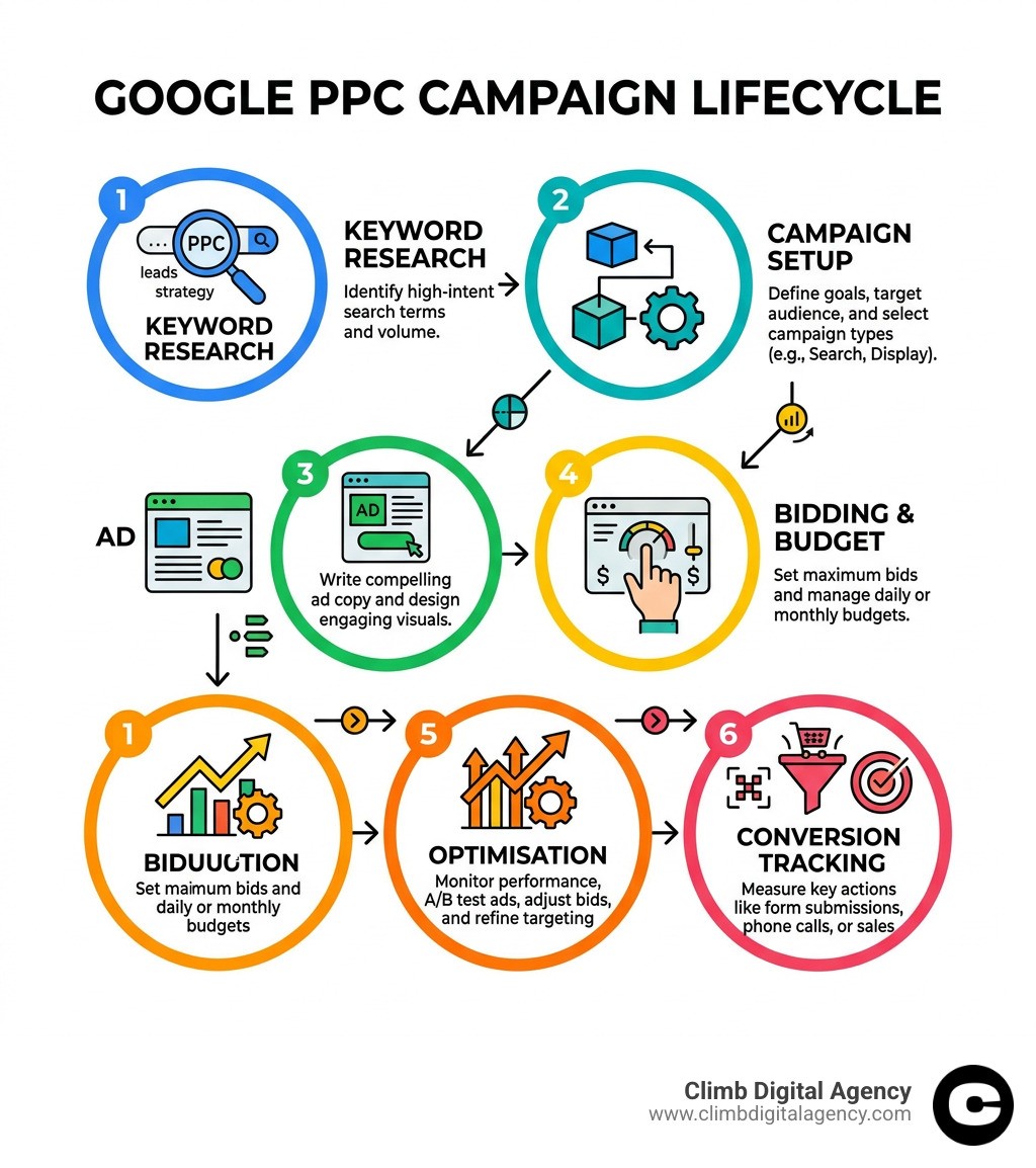 Lifecycle of a Google PPC campaign from keyword research to conversion tracking - google ppc management infographic 