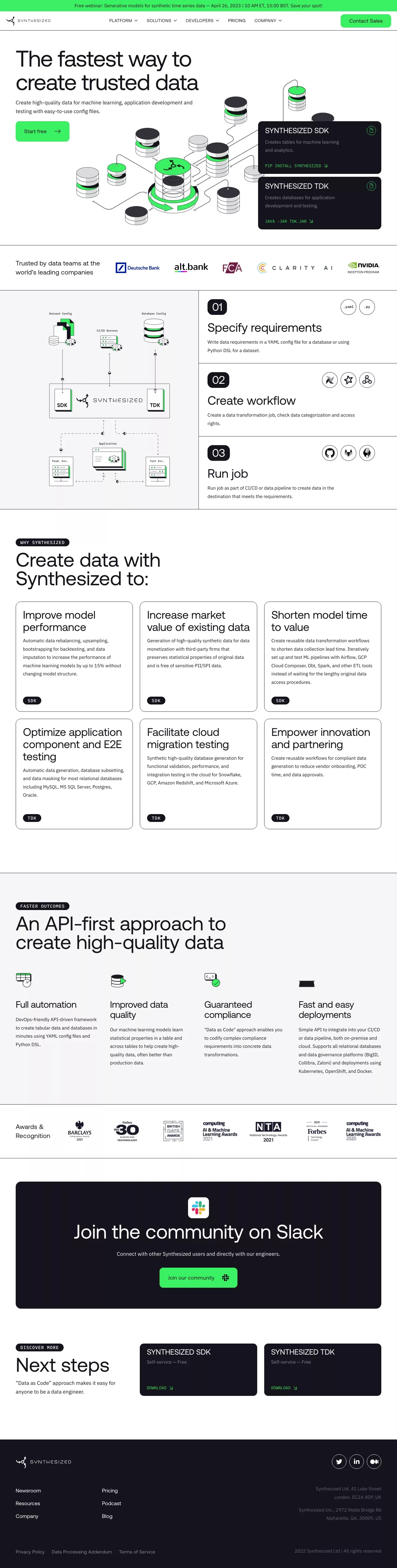 The first API-driven synthetic data gene landing page screenshot showcasing Tech design