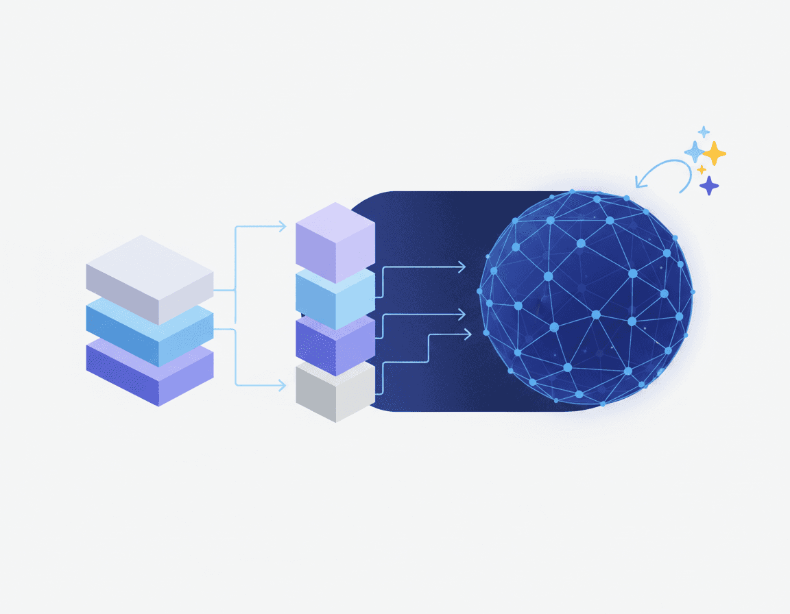 Flow diagram showing semantically structured content moving through claim-evidence-source chain into an AI model