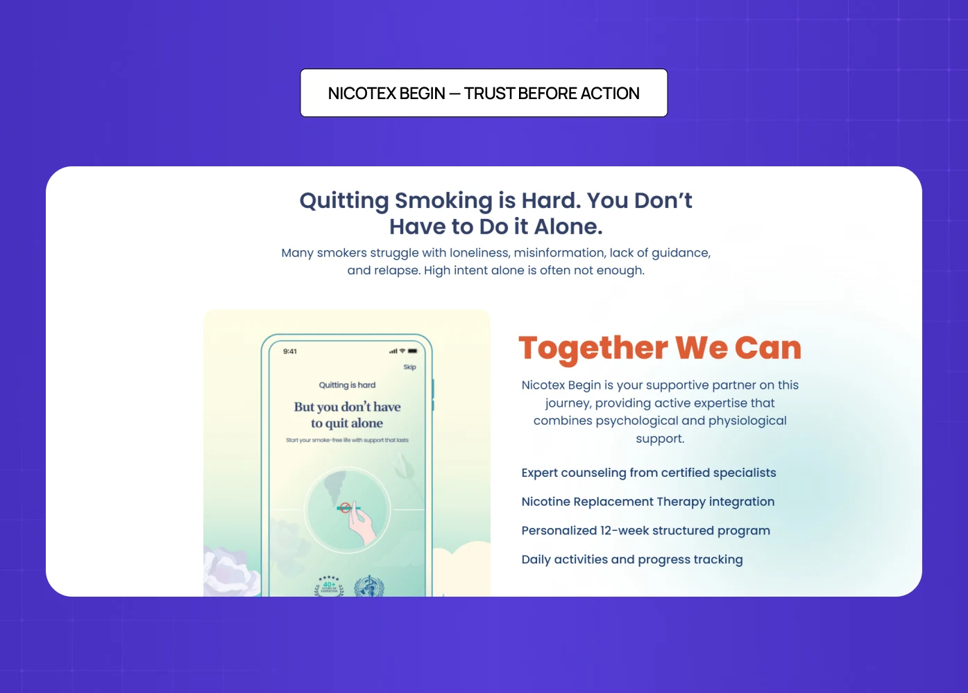 Nicotex Begin landing section showing support for quitting smoking with app interface, counseling, nicotine replacement therapy, and structured 12-week program. 