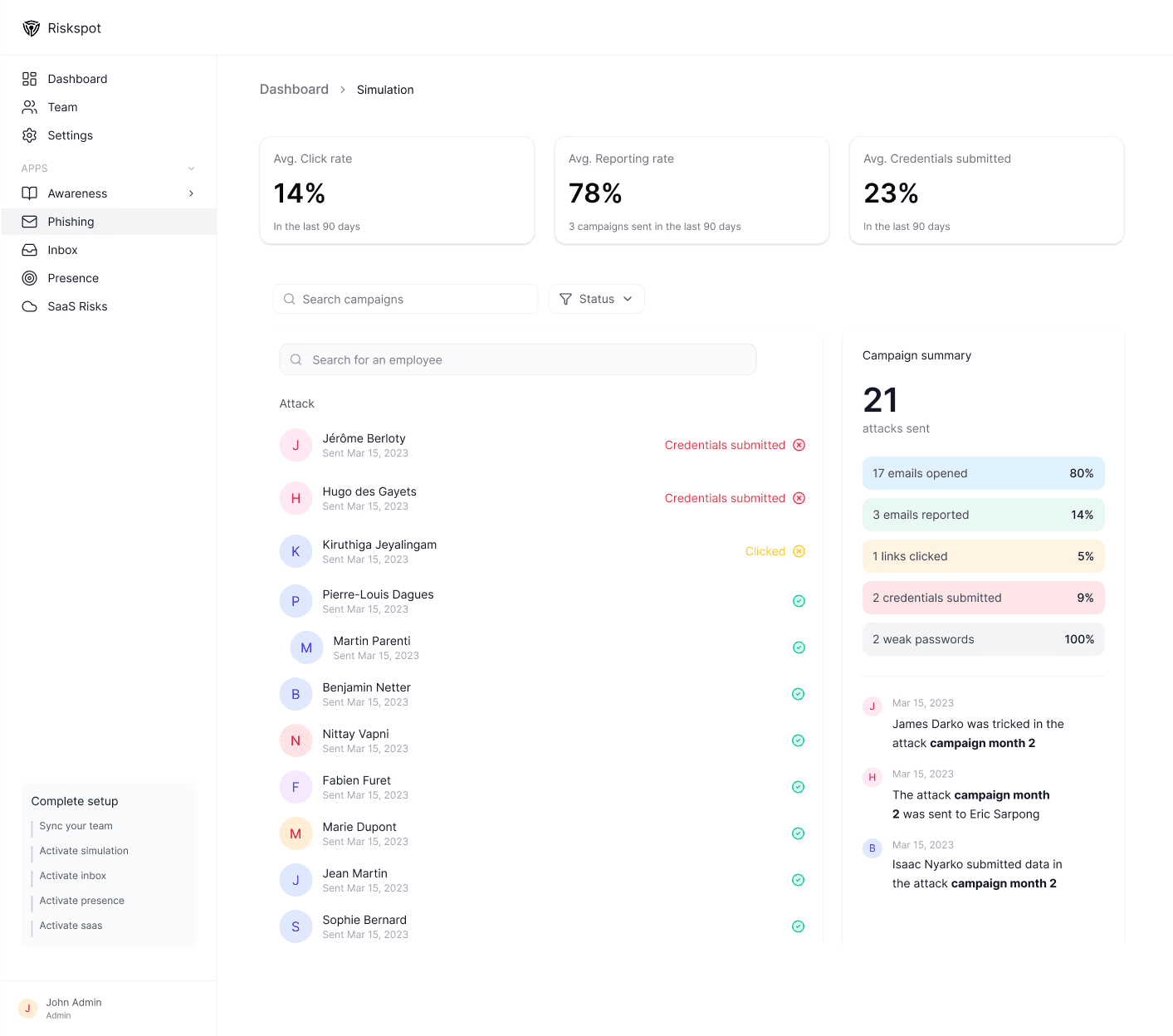Riskspot Cyber Companion - Ananse Introduction. The image features a 3D character, Ananse, your cyber companion, with messages: 'Good morning! I am Ananse, your cyber companion,' 'My mission: to help your team stay secure,' 'Today's mission: Unmasking Phishing,' and 'Secure employees = Secure company.' Designed to engage users in cybersecurity awareness and training.