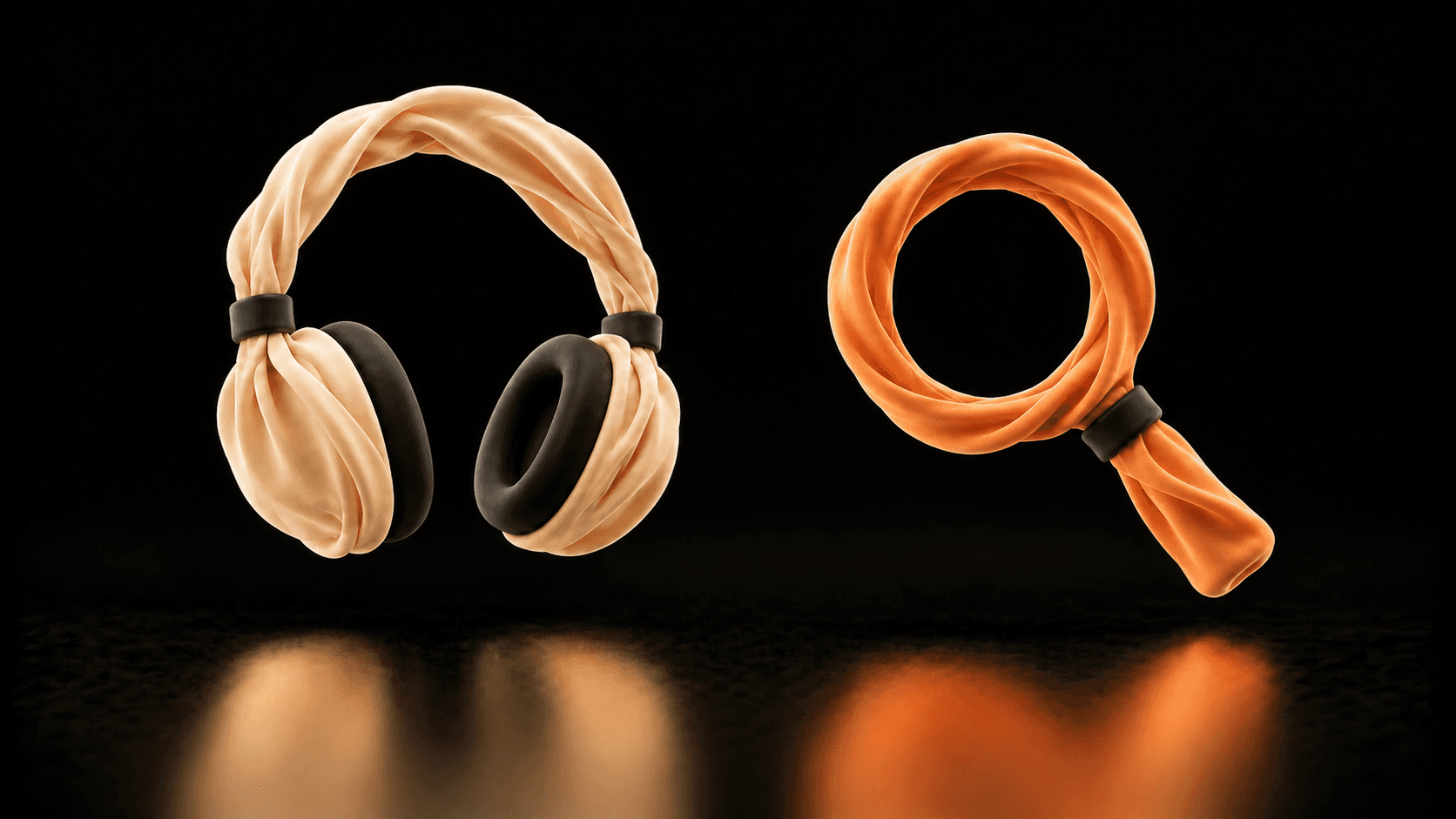 Cream cloth headphones beside a separate apricot cloth magnifying glass