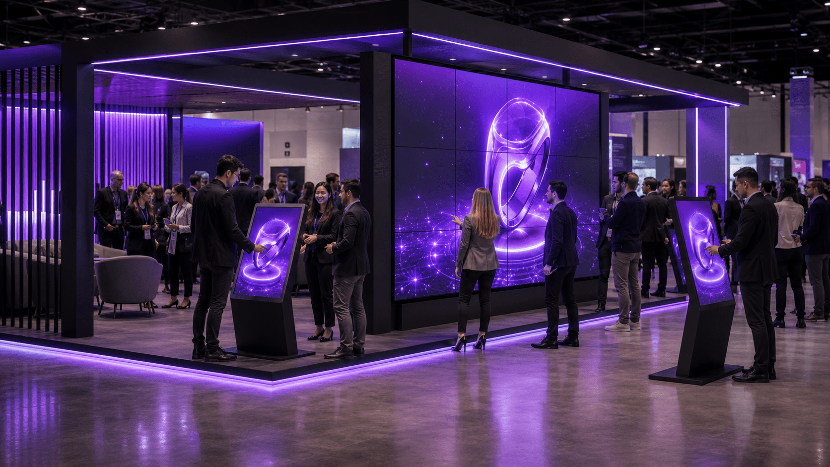 Busy trade show booth with several visitors interacting with streamed 3D displays at once