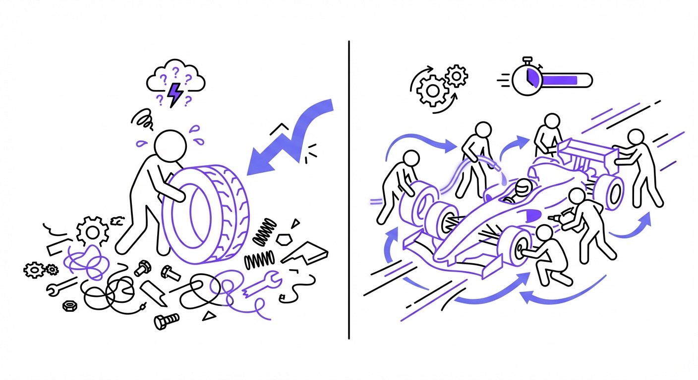 A comparison illustration showing one person struggling to change a tire versus a synchronized team performing a high-speed Formula 1 pit stop.