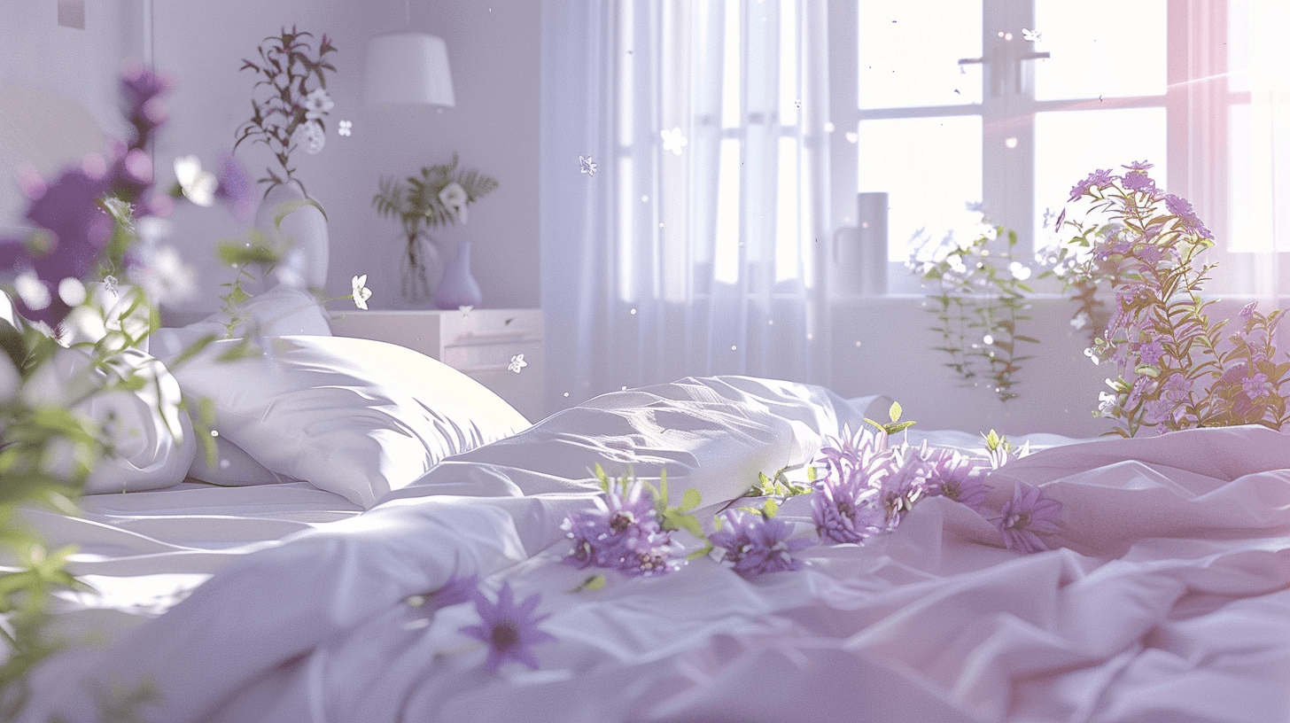 A serene bedroom with purple tones, a minimalist bed, wooden nightstands, and soft natural lighting.
