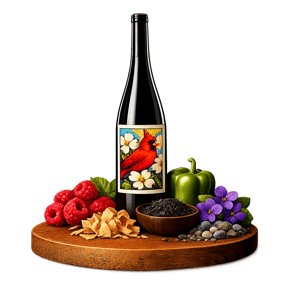 Artistic label and flavor profile for Virginia Cabernet Franc on a rustic wooden table.