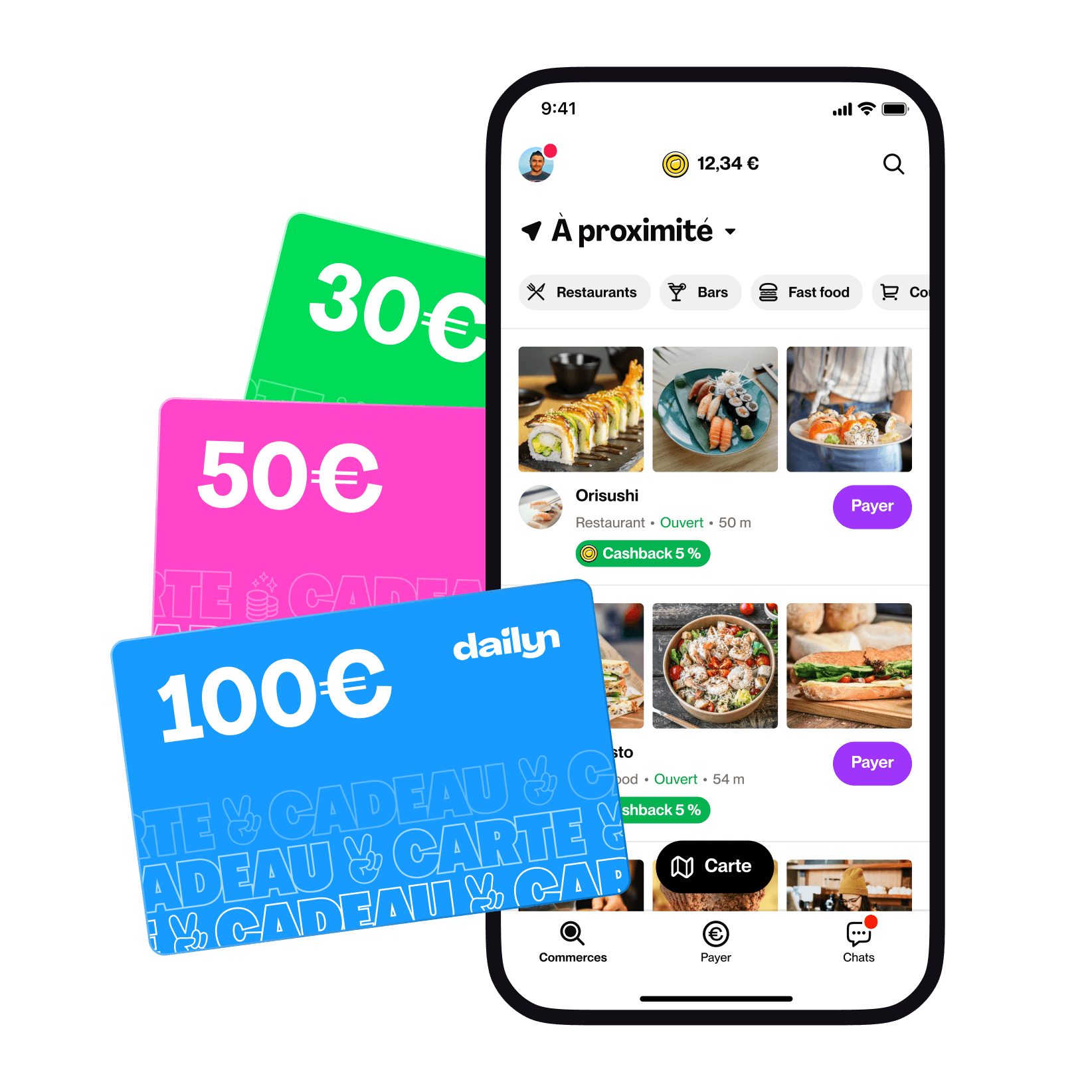 30, 50, 100€... Choississez le montant et offrez une carte cadeau à dépenser dans les différents commeces partenaires.