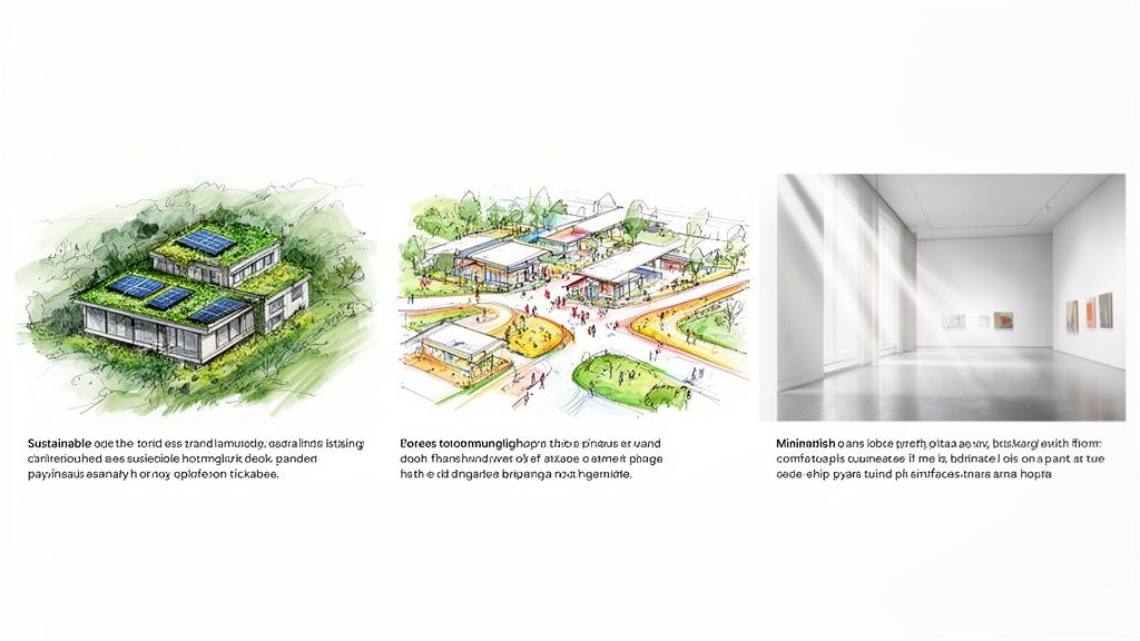 Sustainable building with green roofs, community development sketch, and minimalist art gallery designs.