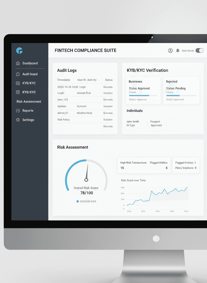 “Financial compliance dashboard showing audit logs, KYC/KYB verification panels, and risk assessment indicators.”
