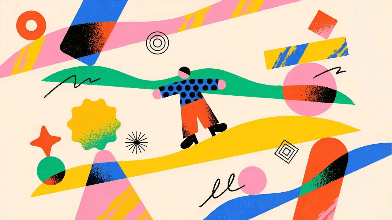 Abstract illustration of a person navigating dynamic geometric shapes