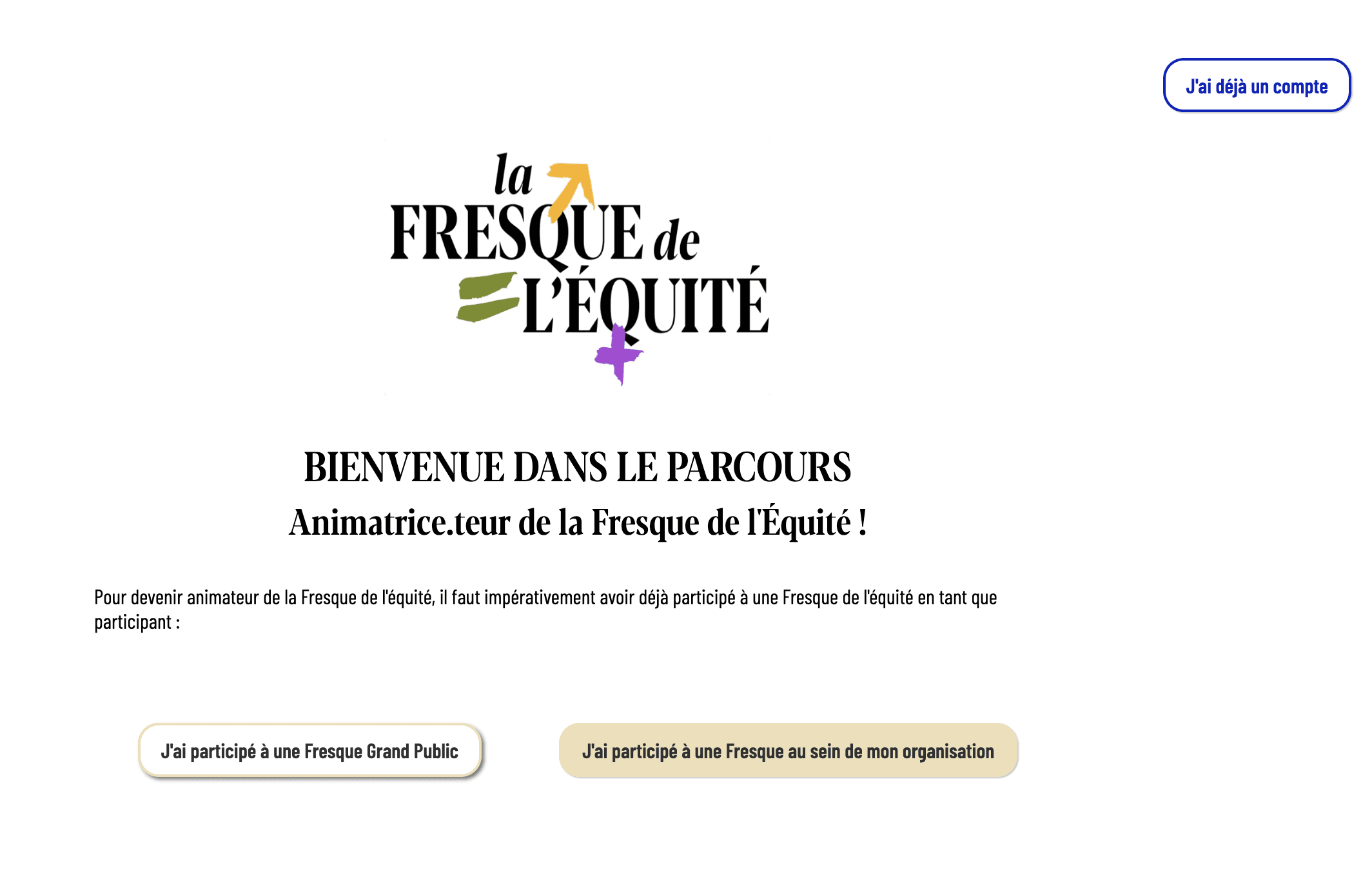 Capture d’écran de la page d’accueil de la plateforme Fresque de l’Équité : choix du parcours animateur avec options pour Fresque grand public ou en organisation.