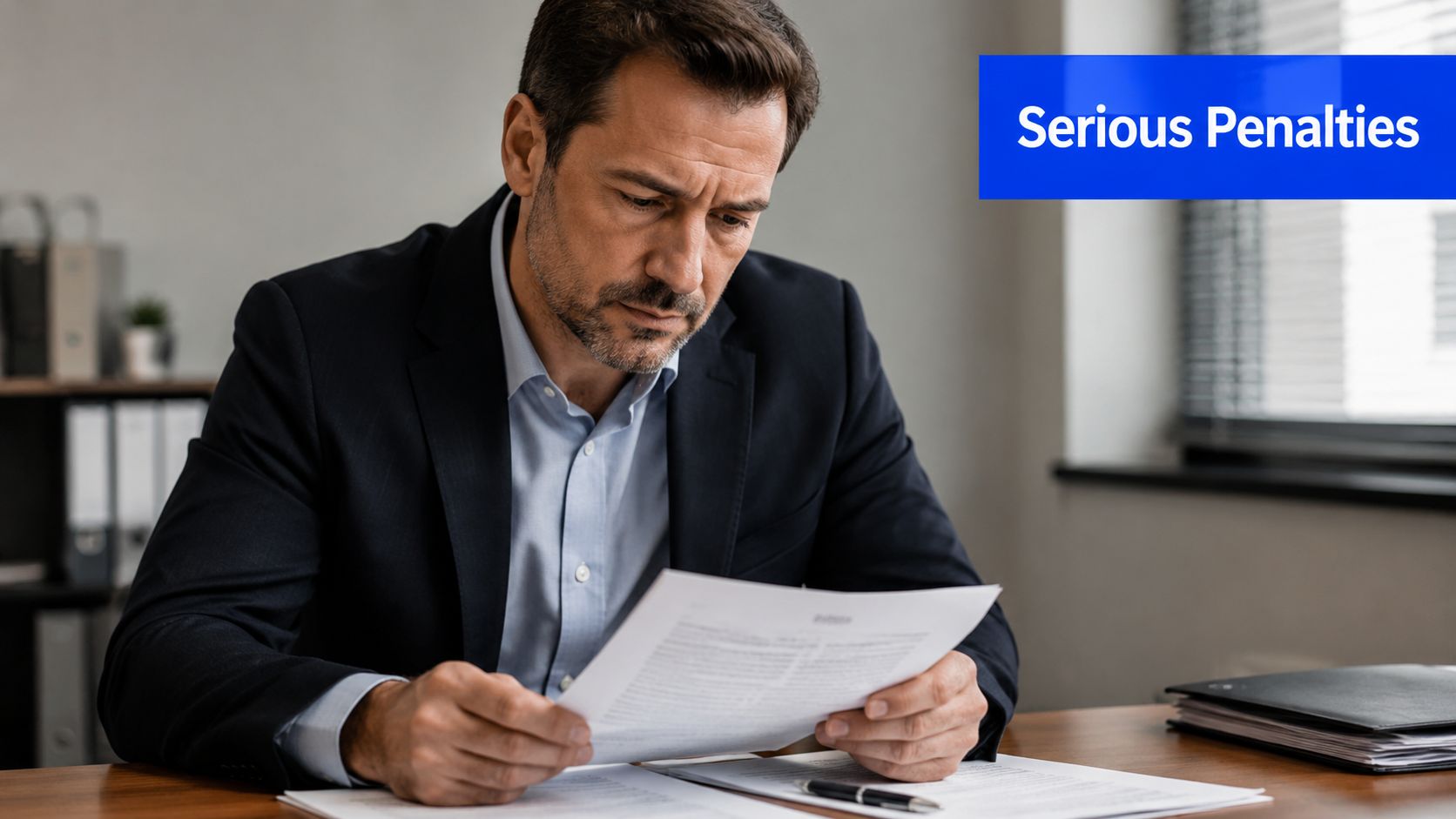 A serious businessman reviewing legal documents while sitting at his desk in an office environment.