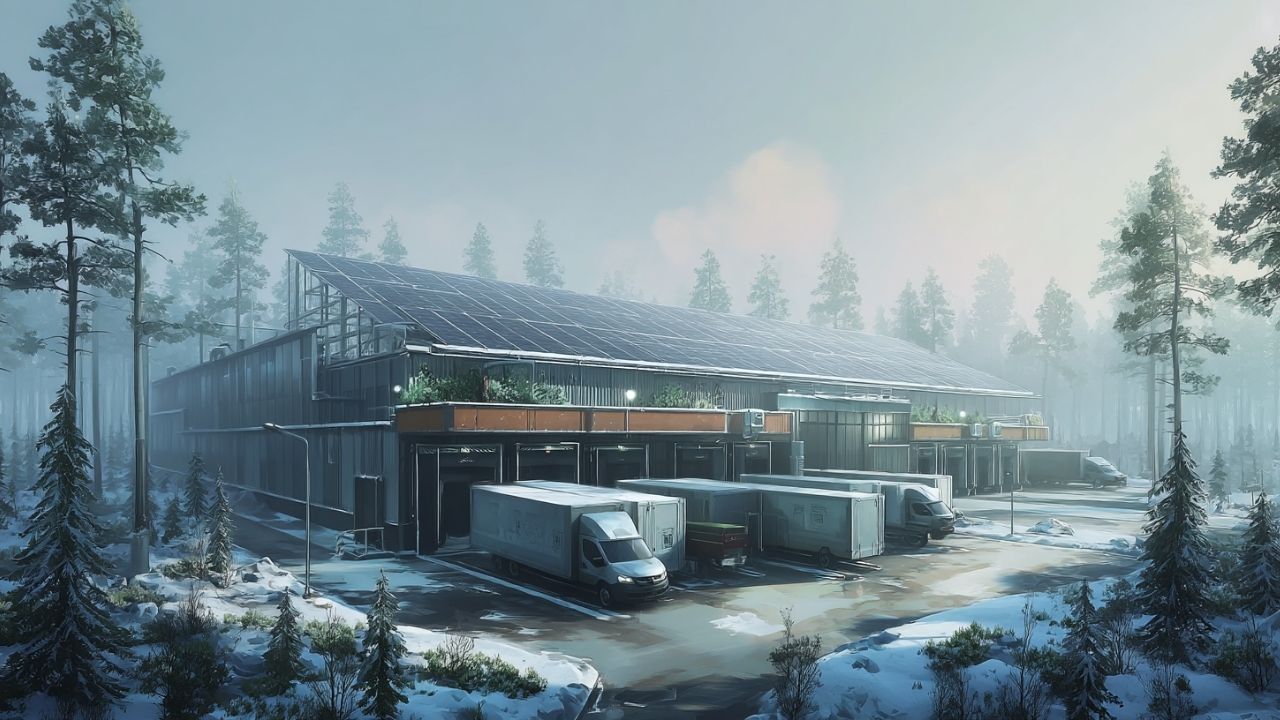 Modern warehouse with solar panels on the roof and delivery trucks parked outside in a snowy forest