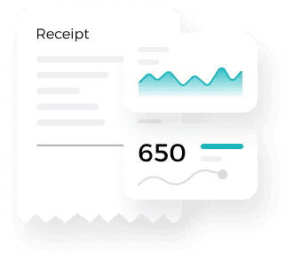 an illustration of a dummy receipt with no details written on it, having an overlay of 2 cards with insights of data analysis of e-receipts