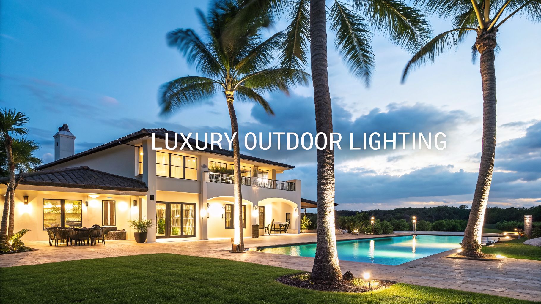 a large luxurious home with external lighting and palm trees