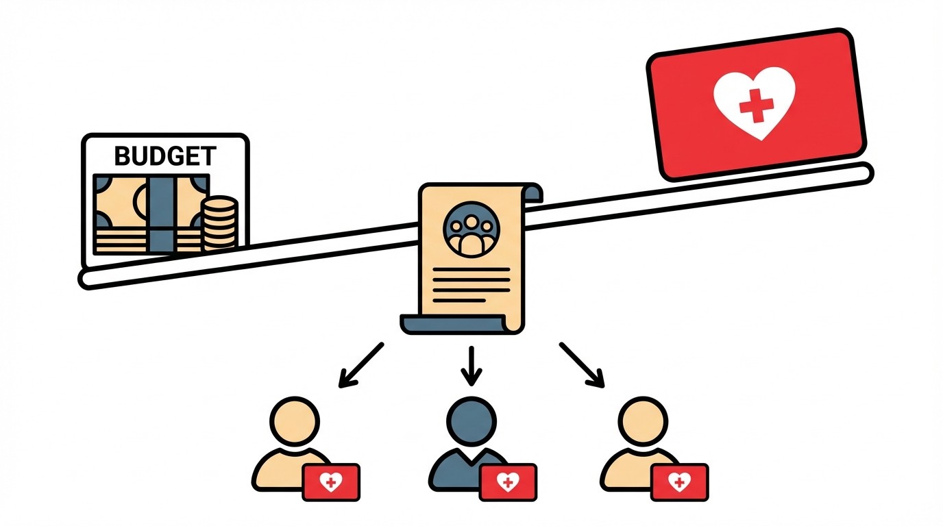 Wippe: Das "Budget" wiegt schwerer als das Gesundheitssymbol. Ein Dokument in der Mitte verteilt Leistungen an drei Personen darunter.