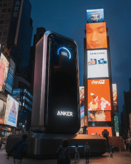 A massive, building-sized Anker power bank installation glowing in the center of Times Square