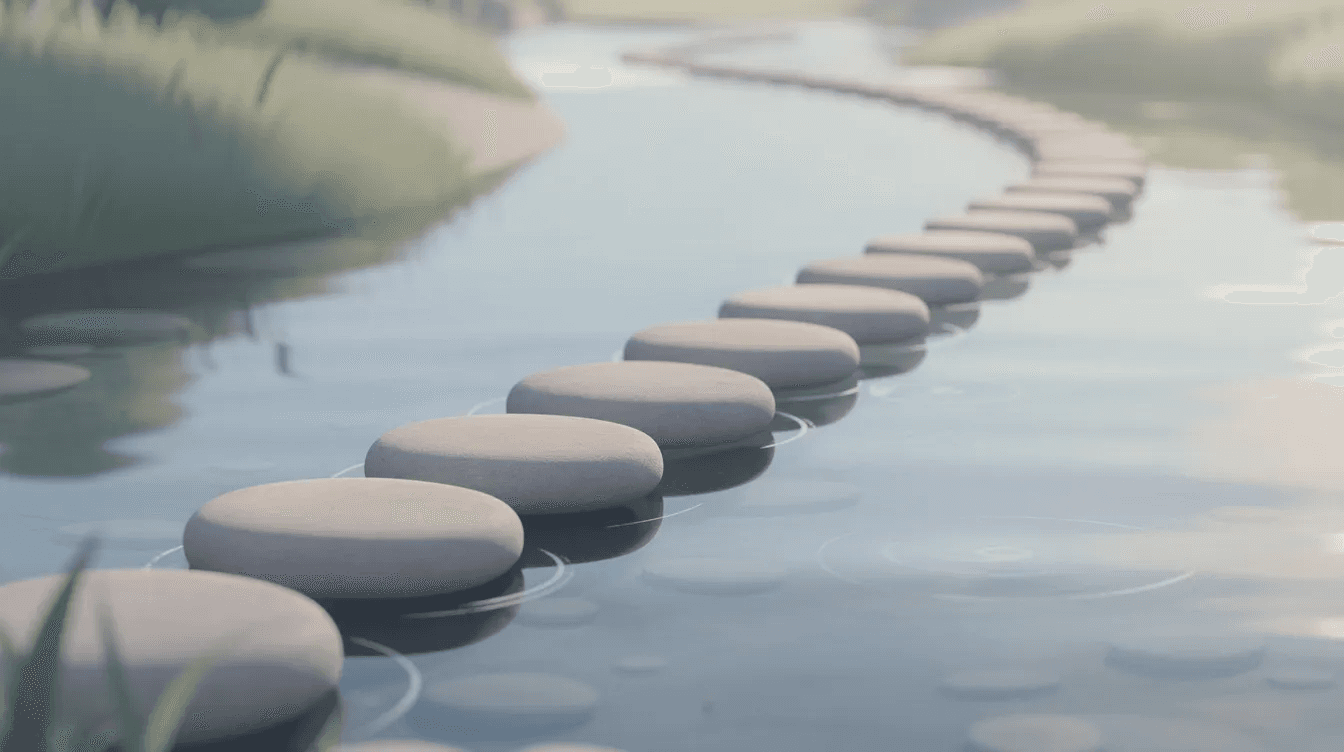 The image depicts smooth stepping stones that rise gradually over a calm stream, symbolizing the compound effect in action as each stone represents incremental progress toward personal growth. This visual metaphor illustrates how seemingly insignificant actions can lead to extraordinary results and lasting success in life.