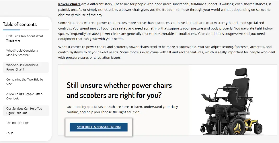 Advanced power wheelchair next to mobility consultation text and custom button.
