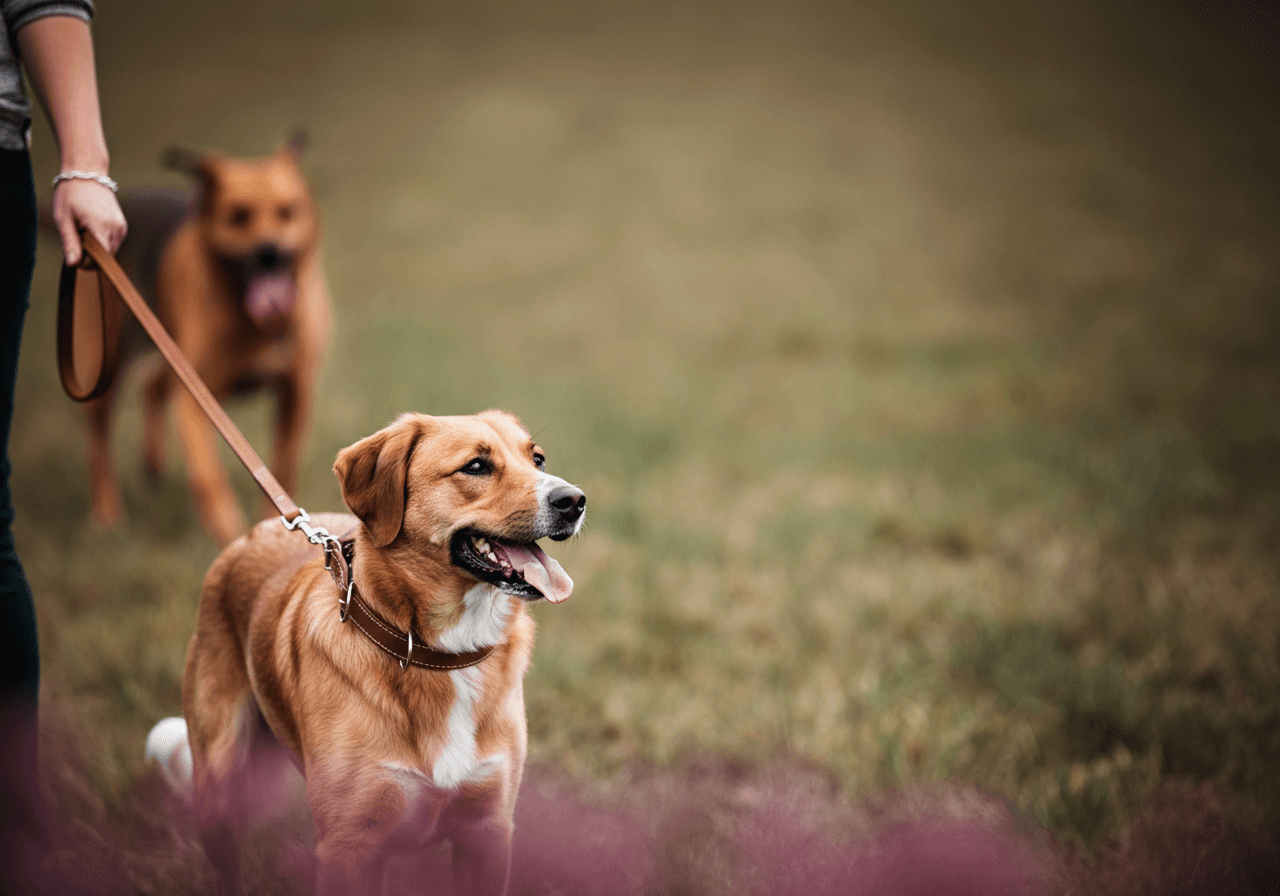 In the foreground is a happy, relaxed dog (on lead) being trained, whilst another dog is in the background (out of focus)