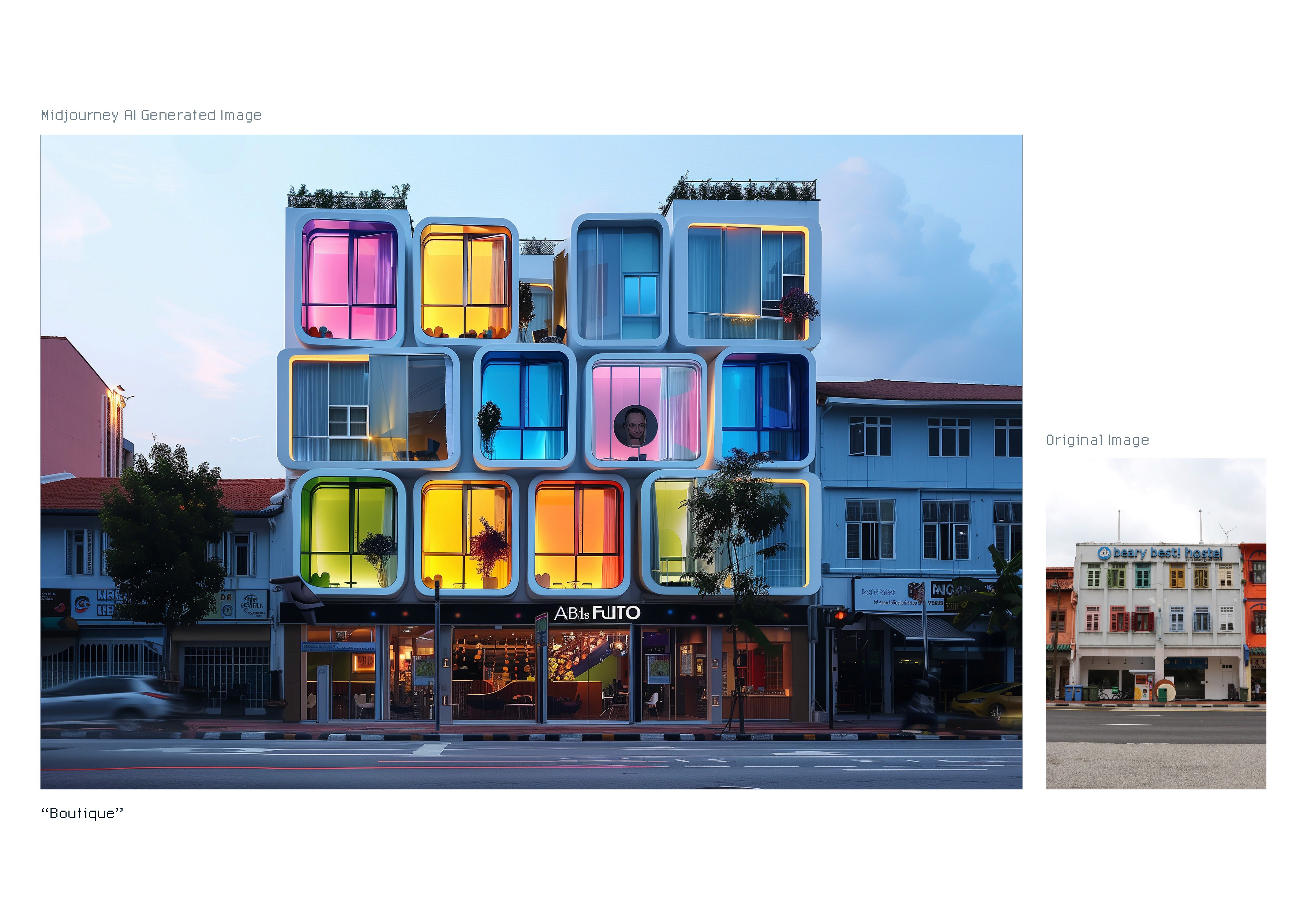 A colourful building with different colour themes for the rooms