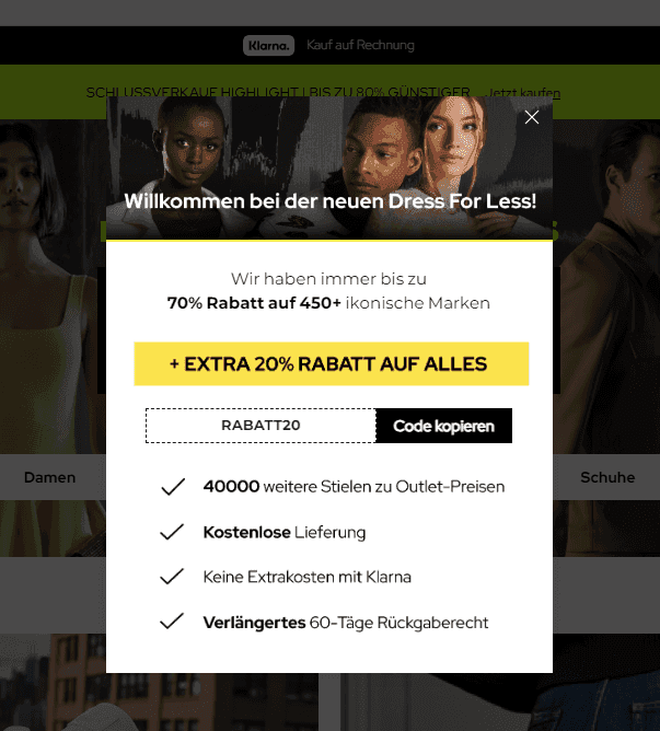 Beispiel Dress4Less Rabattcode-PopUp