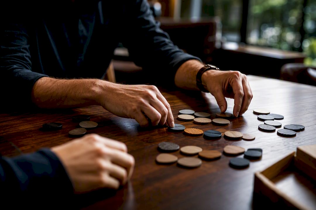 Hands sorting lead tokens on dark desk