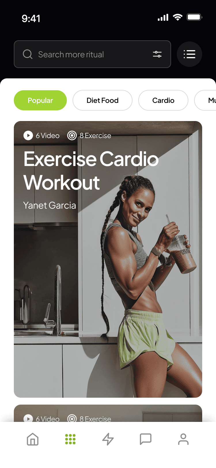 Mobile app screen featuring a workout video card titled 'Exercise Cardio Workout' with Yanet Garcia holding a protein shake in a kitchen setting.