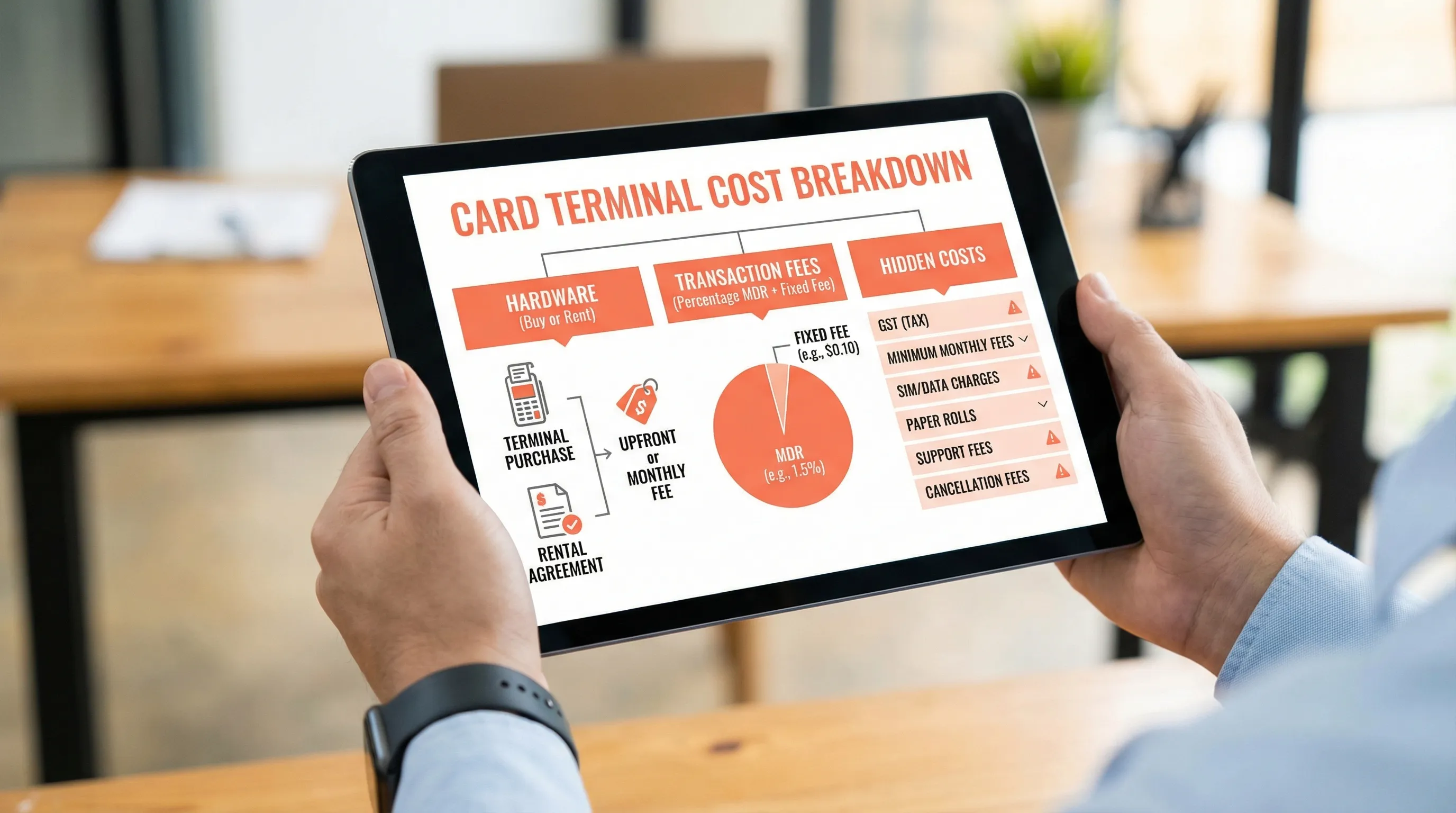 A simple infographic showing a card terminal cost breakdown: hardware (buy or rent), transaction fees (percentage MDR plus fixed fee), and hidden costs (GST, minimums, SIM/data, paper rolls, support, cancellation).