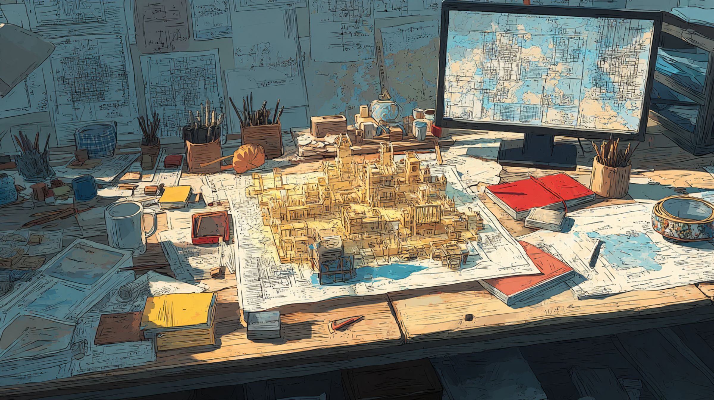 A tabletop filled with miniature city models, papers, and monitors displaying blueprints, showing imagination turning tangible.