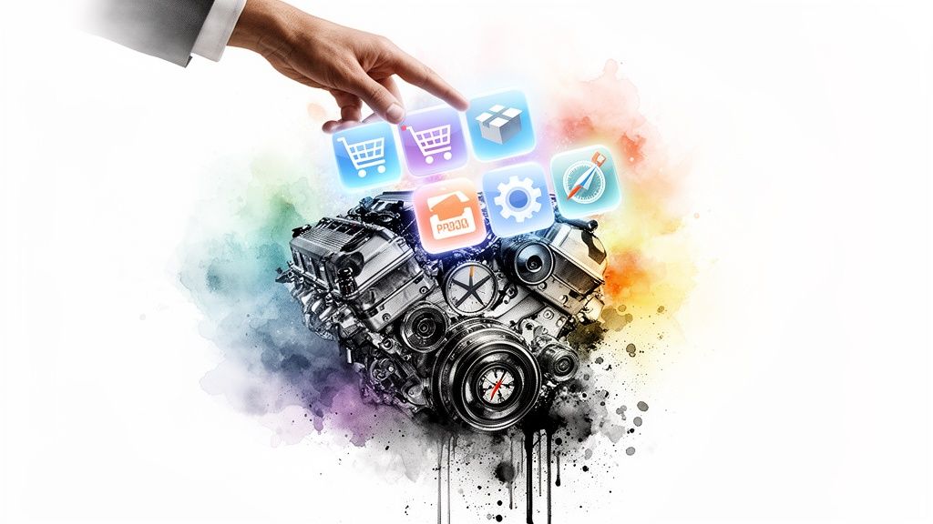 Hand interacting with glowing app icons (e-commerce, settings, navigation) above a detailed engine.