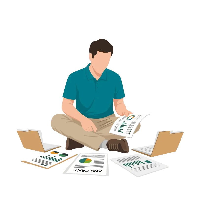 記録を広げて整理している男性のイラスト。
