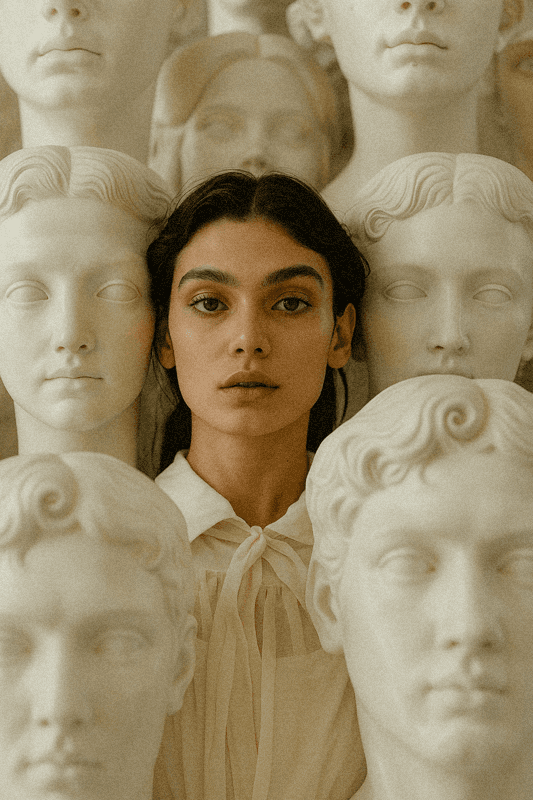 Portrait of a woman standing among classical marble busts, her calm expression and neutral tones blending art and humanity in a timeless composition.  