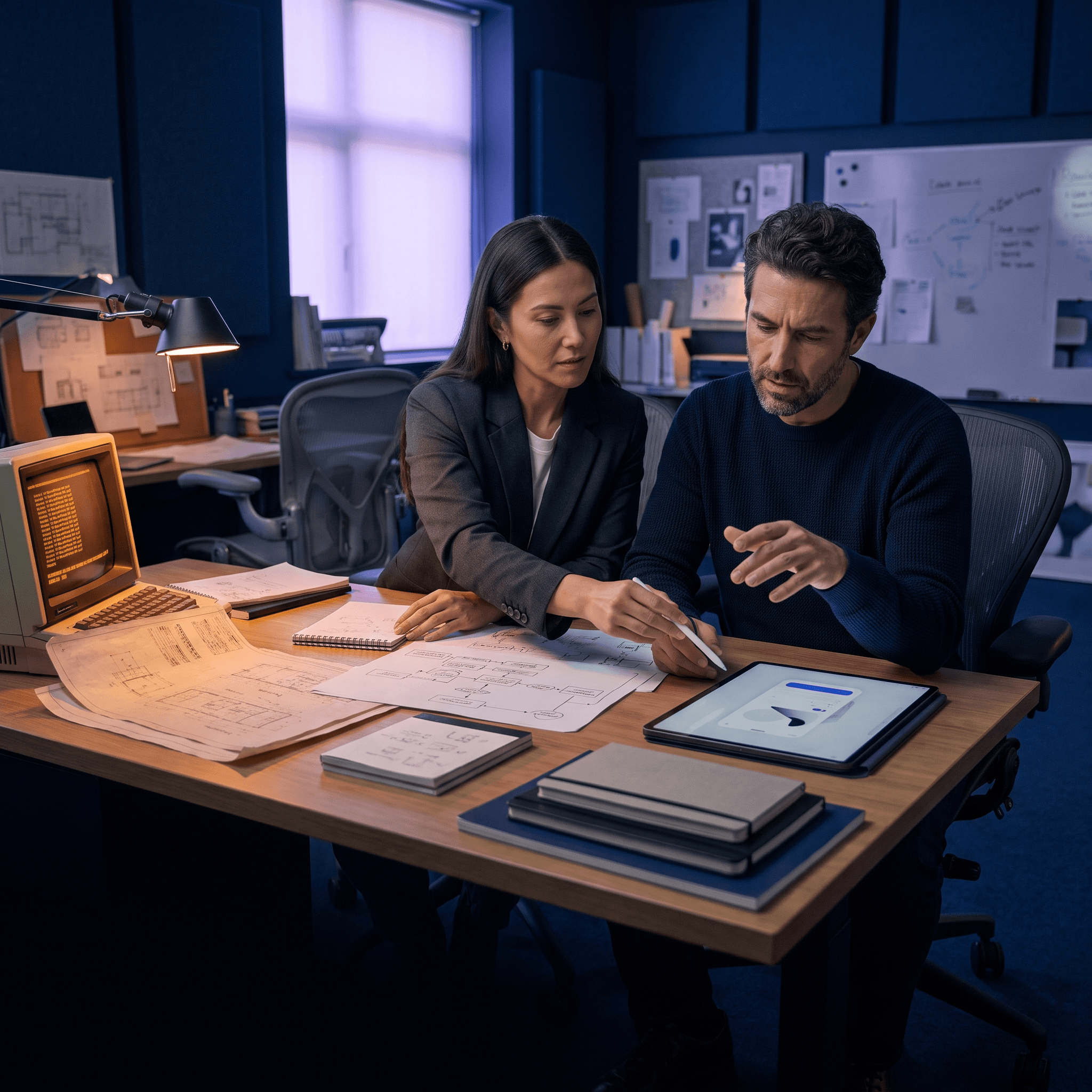 Designer and engineer comparing legacy product artifacts with a modern digital prototype.