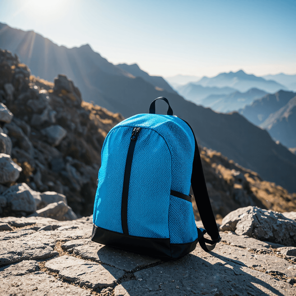 product photography of a drawstring backpack made of mesh fabric, suitable for carrying personal items