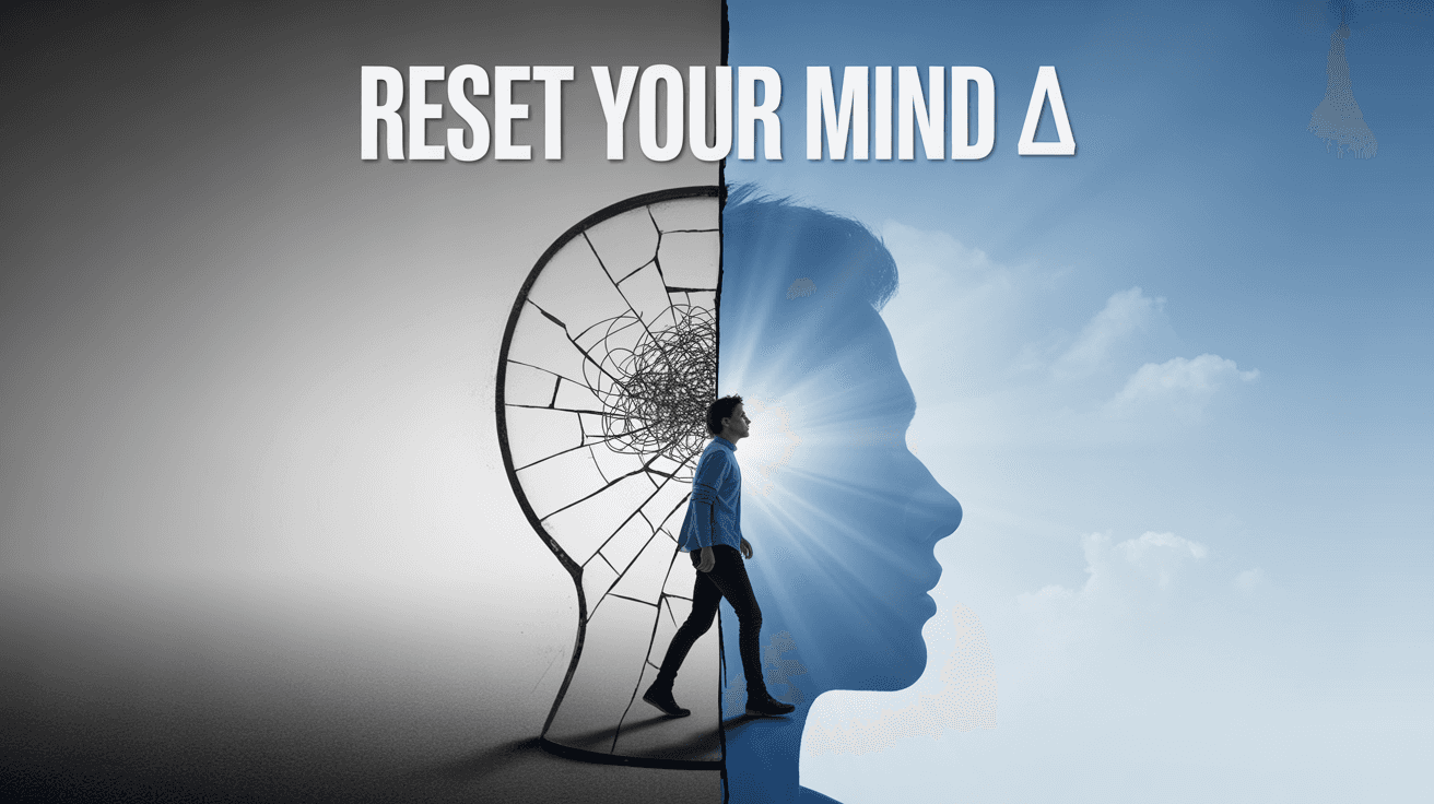 Person stepping from a cracked head silhouette into blue light under Reset Your Mind headline