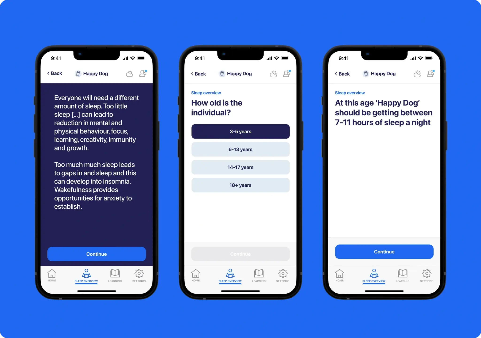 Sleep Overview Screens - showing part of the sleep assessment experience