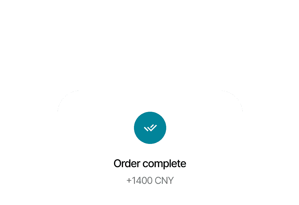 Order complete confirmation on a smartphone screen, showing a checkmark and the amount +1400 CNY.