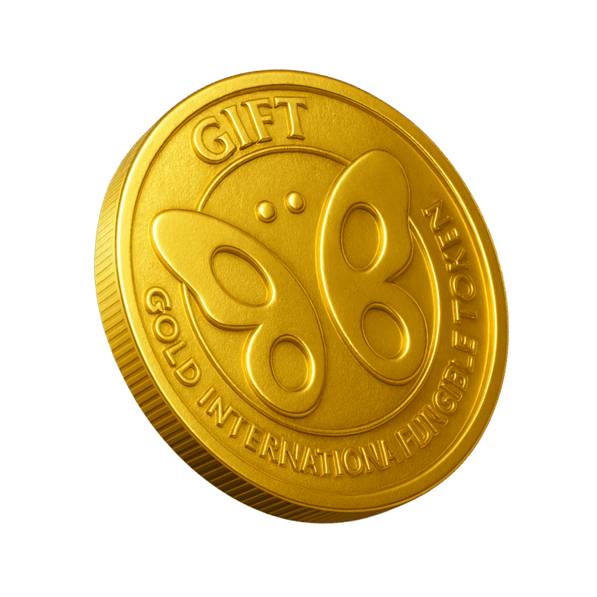 A 3D digital illustration of a gleaming golden coin floating at an angle against a solid, vibrant purple background. The face of the coin features an embossed design of a stylized butterfly in the center. The word "GIFT" is stamped in bold capital letters along the top edge, while the phrase "GOLD INTERNATIONAL FUNGIBLE TOKEN" curves along the bottom. The coin has a finely ridged edge and a textured metallic surface that realistically catches the light.