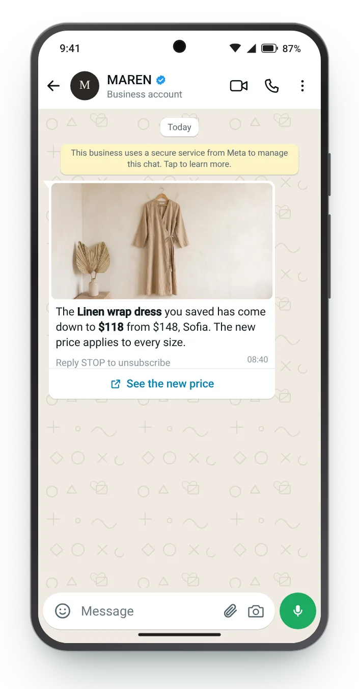 A saved dress, now for less: WhatsApp price drop message on an Android phone