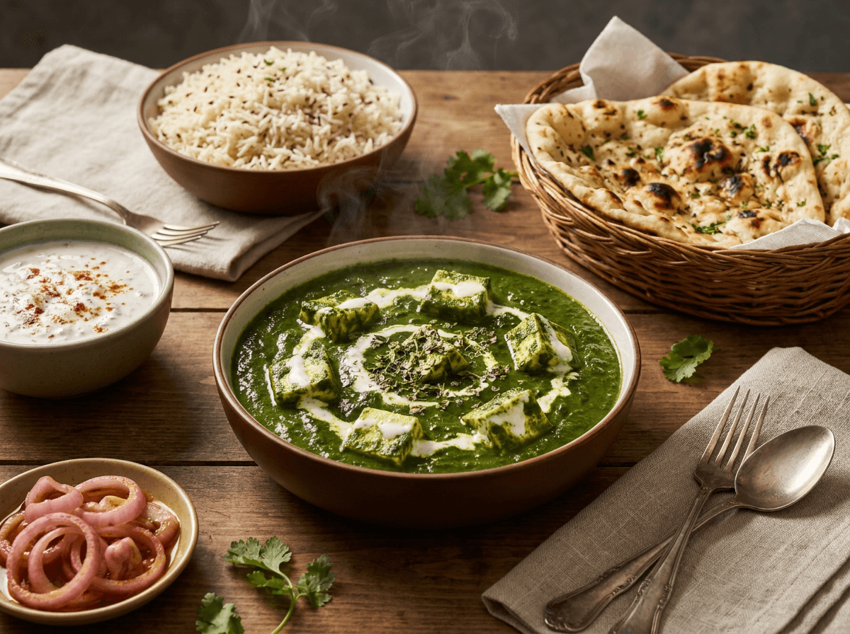 Palak Paneer served with jeera rice, garlic naan, raita, and pickled onions
