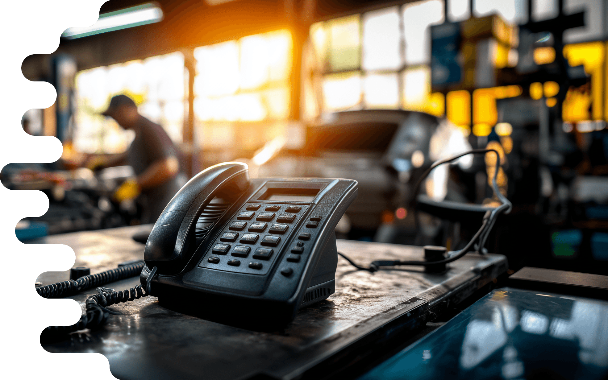 The image shows a workshop with a focus on a black phone lying on a workbench. The phone has several buttons and a cord leading to an outlet. In the background, two people can be seen out of focus, working on various tasks in the workshop environment, including repairing or maintaining vehicles. The setting has large windows that let in warm light, creating an inviting and productive atmosphere. Some objects and tools are visible on the table and in the background, indicating a busy workshop.