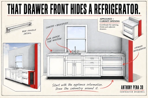 Beverage-bar cover identifying a double-drawer refrigerator beside sink cabinetry.