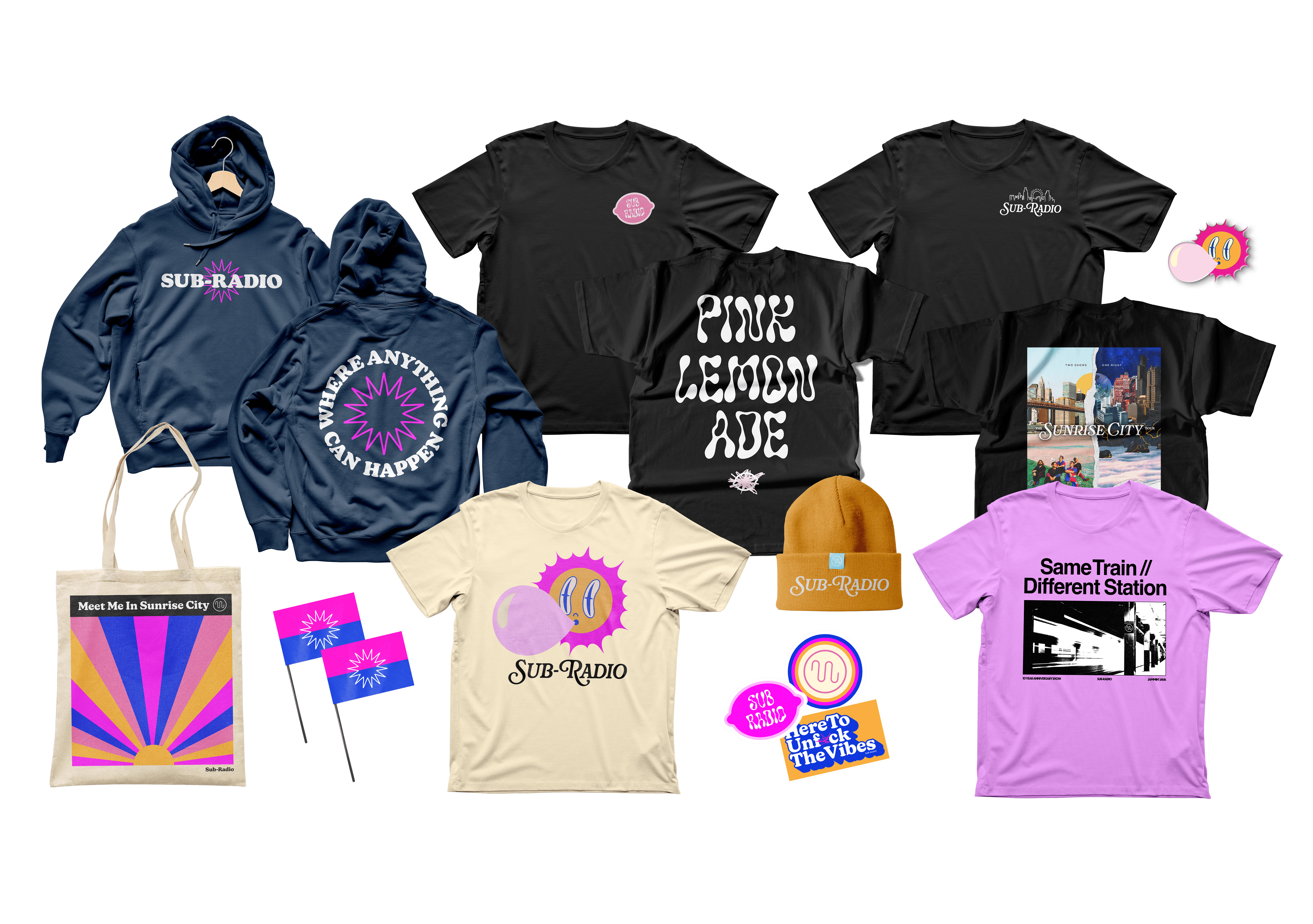 Flat spread showing sub-radio merch capsule: front and back of hoodie design, front and back of 2 shirt designs, tote bag design, flag design, 2 shirt front only designs, three stickers, and beane. All featuring bright pinks, blues, and yellows