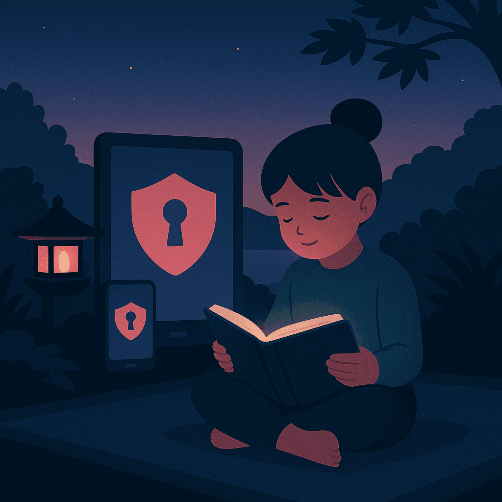 Illustrasjon av et barn som leser en bok i trygge omgivelser.