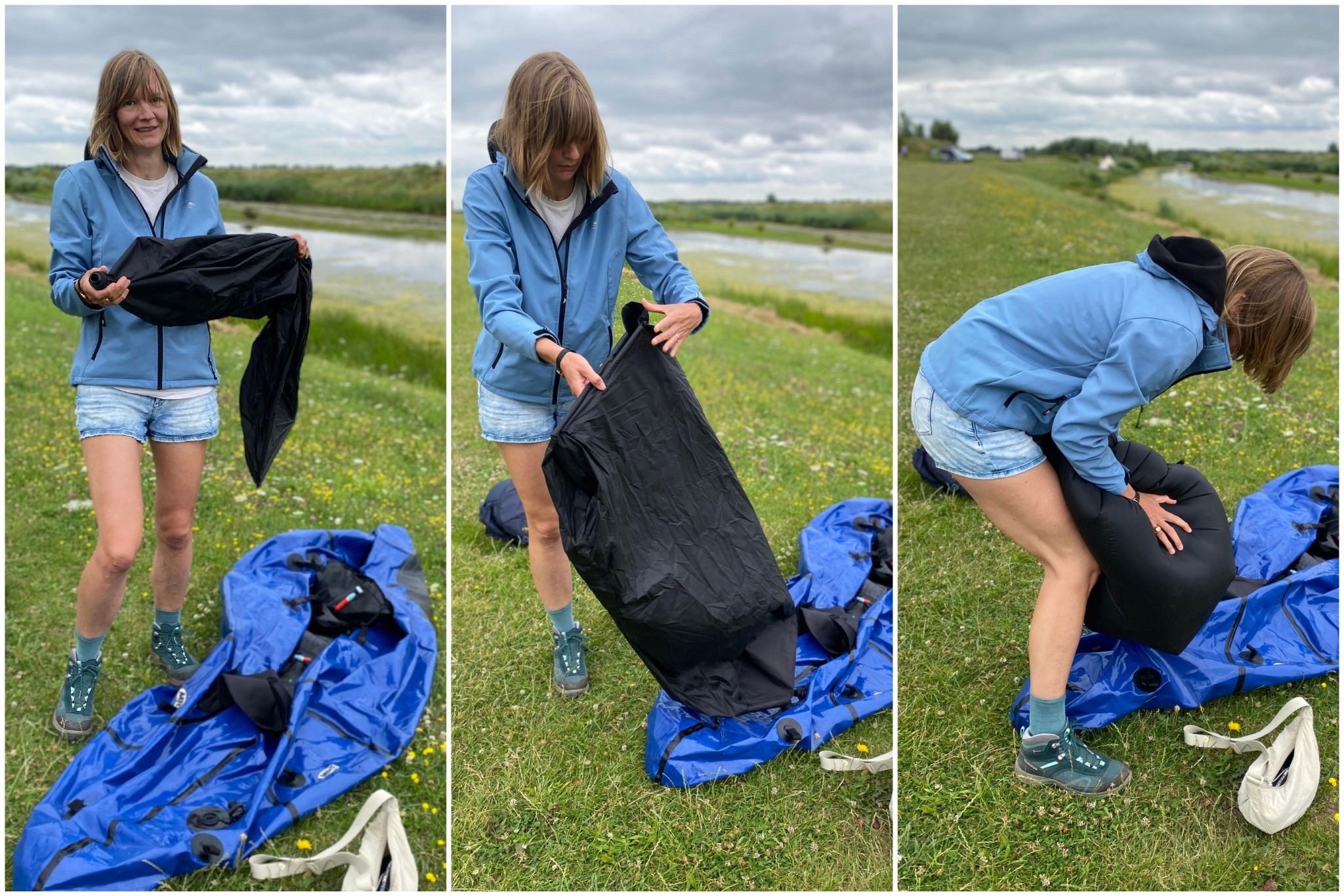 Travel Editor Nicky photographed as she inflates her packraft at the water's edge