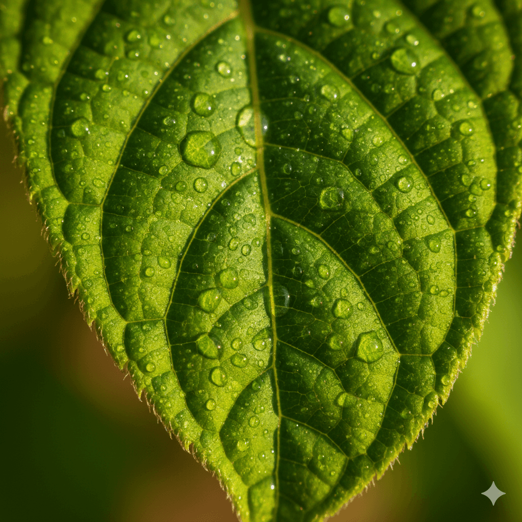 Close-up of a dark green leaf showing its textured surface and central vein against a muted background.