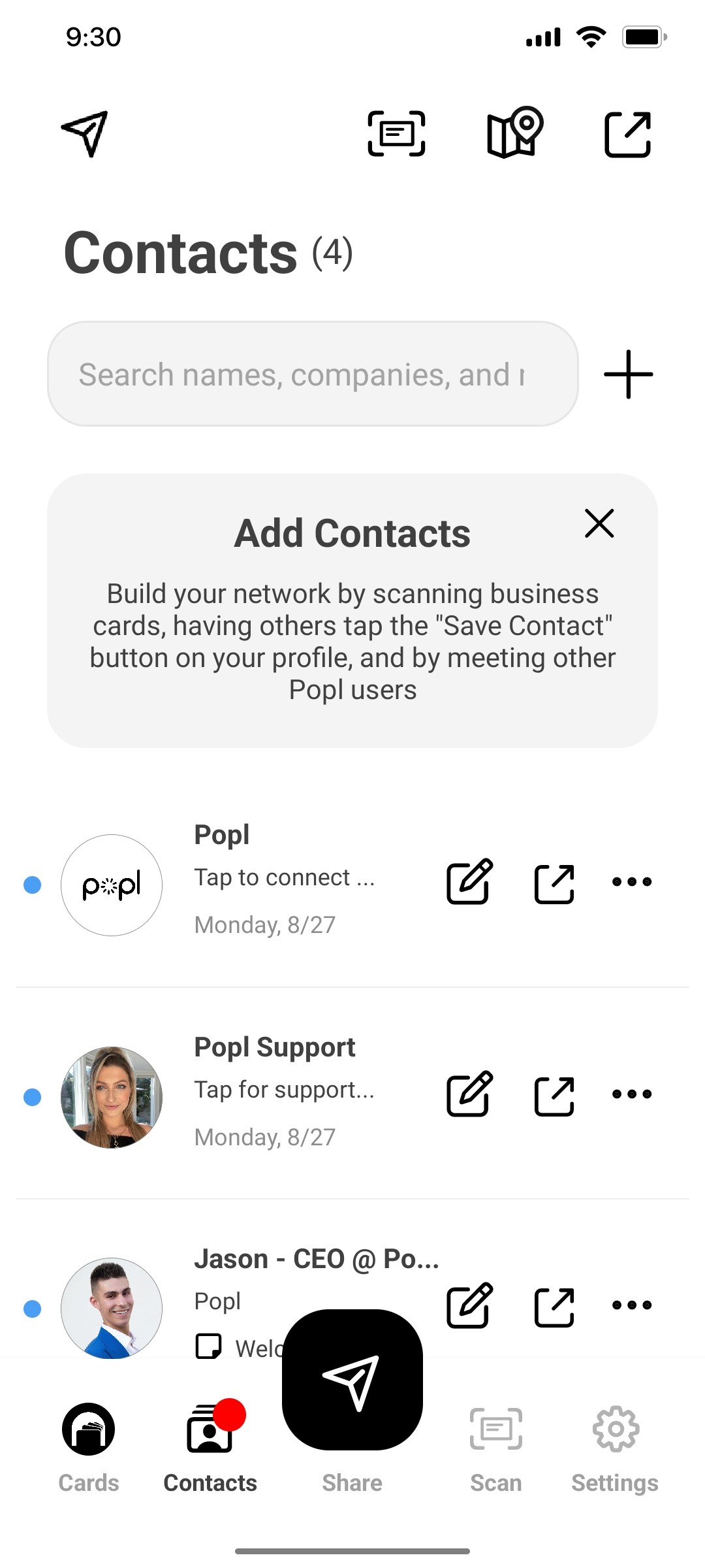 Popl Contacts Screen