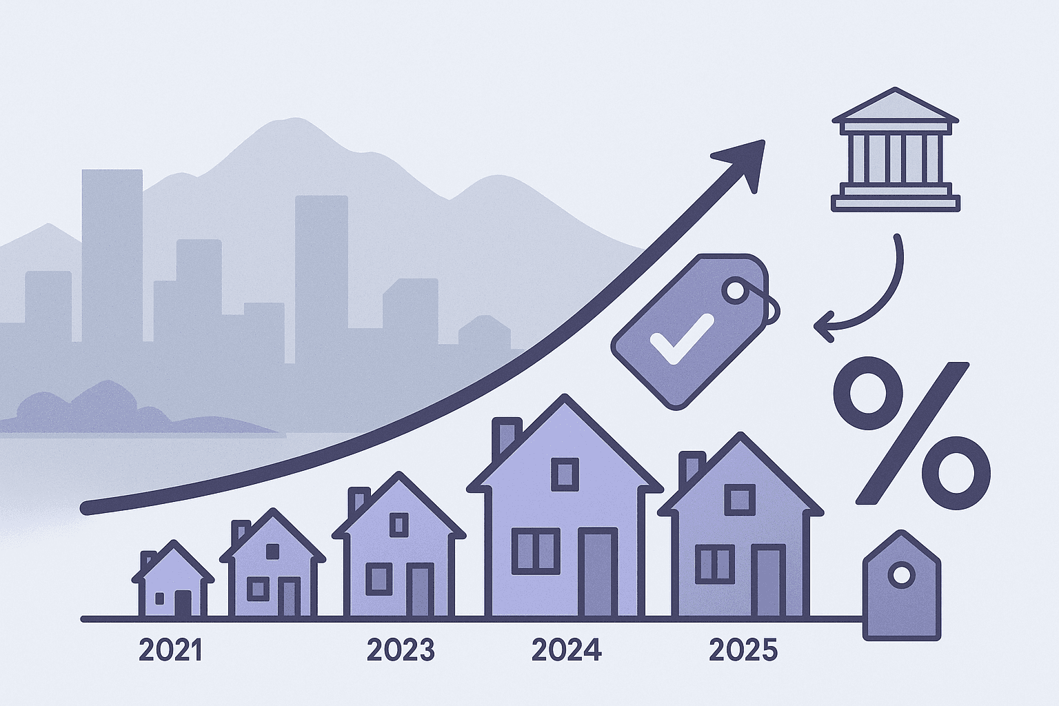 Infographic of growing Denver housing inventory, rising prices, and bond-driven mortgage rate trends 2021-2025.
