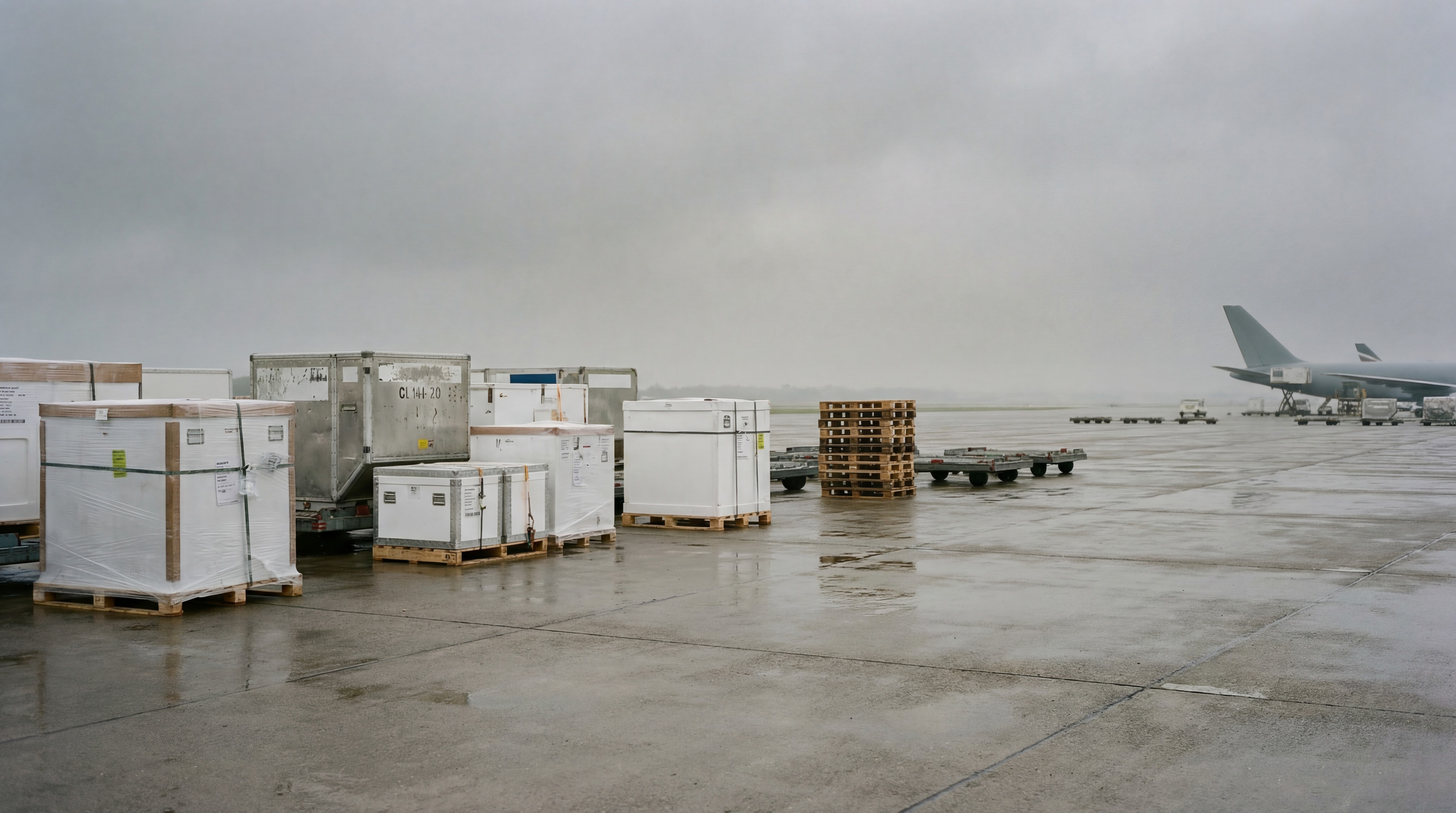 Insulated shipping containers sit unattended on an airport tarmac under overcast skies, exposed between transport stages.